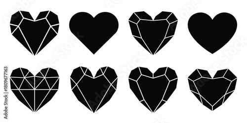 heart crystal Valentine's Day icon set silhouette style and isolated on white background Vector illustration