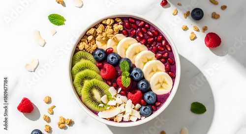 Fototapeta Naklejka Na Ścianę i Meble -  A vibrant and colorful acai bowl with various fresh fruits and granola, perfect for a healthy breakfast.