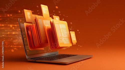 3D illustration of digital document records displayed on a sleek laptop. Digital document management, data visualization, futuristic technology, business workflow, information technology, cloud storag