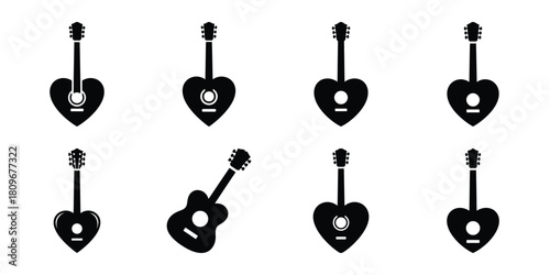 heart guitar Valentine's Day icon set silhouette style and isolated on white background Vector illustration