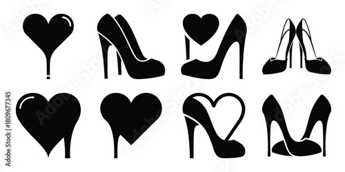 heart heels Valentine's Day icon set silhouette style and isolated on white background Vector illustration