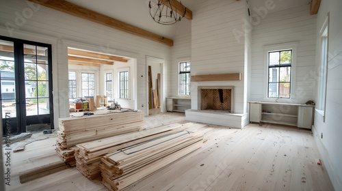 New modern living room interior with wooden beams and construction materials in a house under renovation