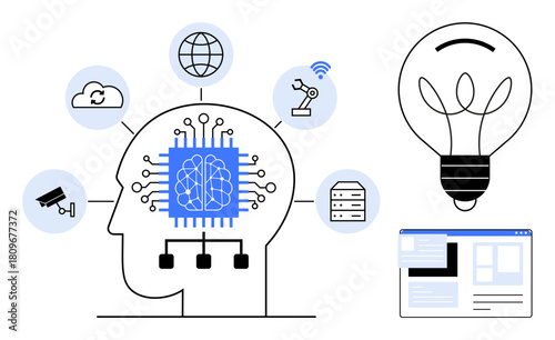 Human head silhouette with integrated circuits, AI brain, tech icons, and light bulb. Ideal for AI, innovation, IoT, automation cybersecurity data storage smart tech themes. Simple flat metaphor