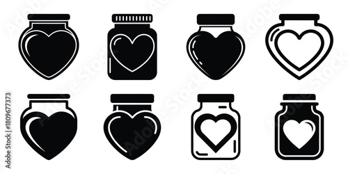 heart jar Valentine's Day icon set silhouette style and isolated on white background Vector illustration