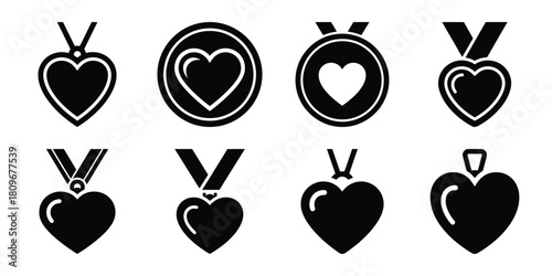 heart medallion Valentine's Day icon set silhouette style and isolated on white background Vector illustration