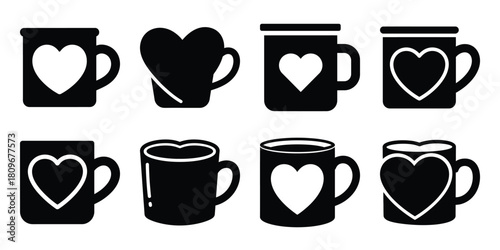 heart mug Valentine's Day icon set silhouette style and isolated on white background Vector illustration