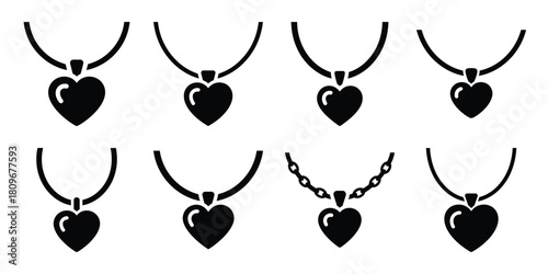 heart necklace Valentine's Day icon set silhouette style and isolated on white background Vector illustration