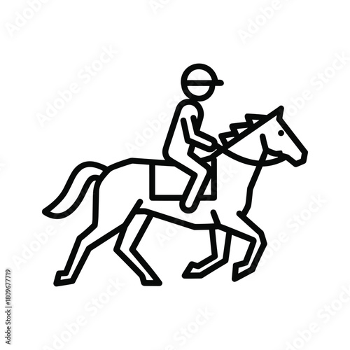 A black and white line drawing of a jockey riding a horse isolated on