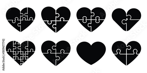 heart puzzle Valentine's Day icon set silhouette style and isolated on white background Vector illustration
