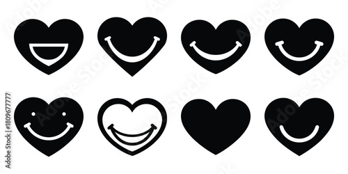 heart smiley Valentine's Day icon set silhouette style and isolated on white background Vector illustration