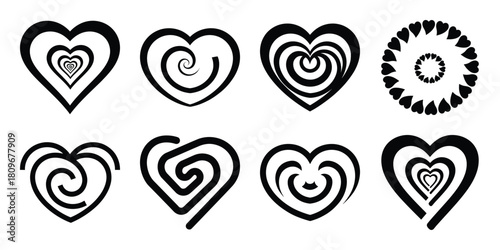 heart spiral Valentine's Day icon set silhouette style and isolated on white background Vector illustration