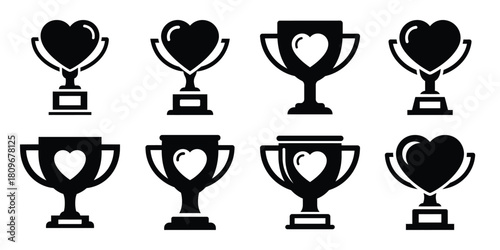 heart trophy Valentine's Day icon set silhouette style and isolated on white background Vector illustration