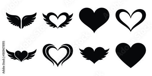 heart wings Valentine's Day icon set silhouette style and isolated on white background Vector illustration