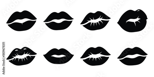 kiss lips Valentine's Day icon set silhouette style and isolated on white background Vector illustration
