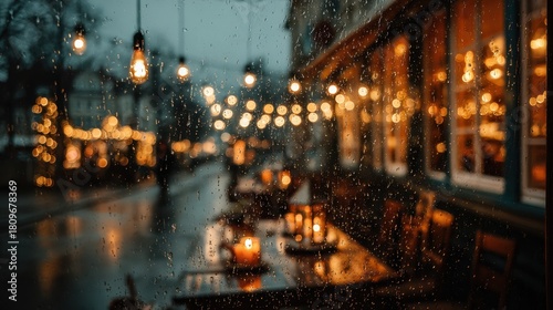 Cozy outdoor café in rainy evening with warm lights and bokeh effect