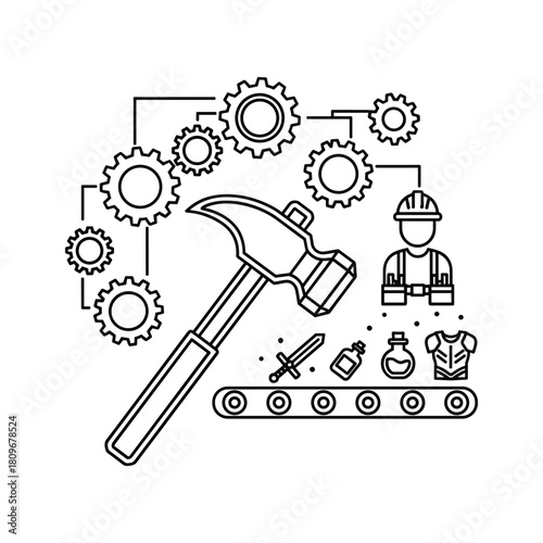 A hammer, gears, and conveyor belt with items isolated on