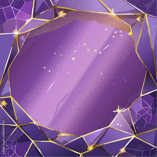 Purple crystal geode background with glitter and gold cracks. Violet amethyst sparkling gemstone with gold border.