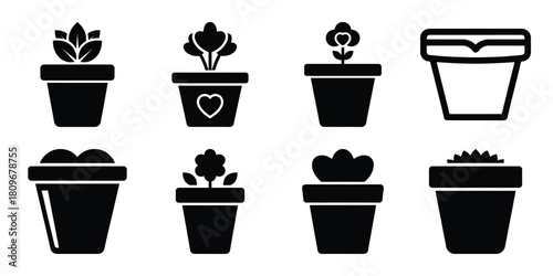 love flower pot Valentine's Day icon set silhouette style and isolated on white background Vector illustration
