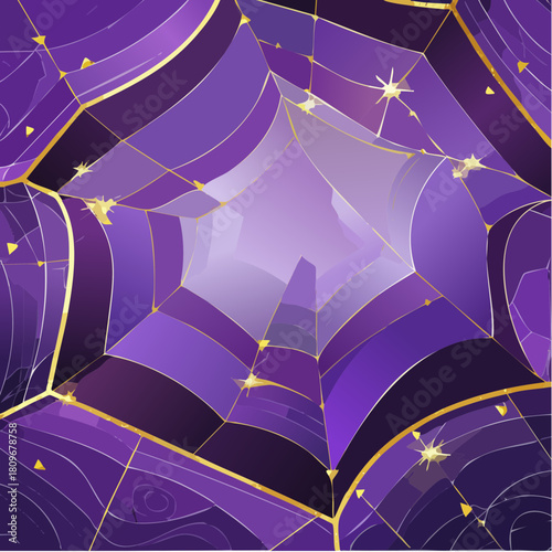 Purple crystal geode background with glitter and gold cracks. Violet amethyst sparkling gemstone with gold border.