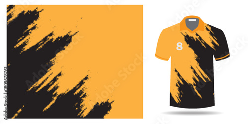 Title sublimation jersey shirt design vector template background grunge brush halftone orange black splash splatter paint steel texture. modern