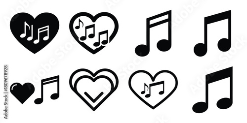 love music Valentine's Day icon set silhouette style and isolated on white background Vector illustration