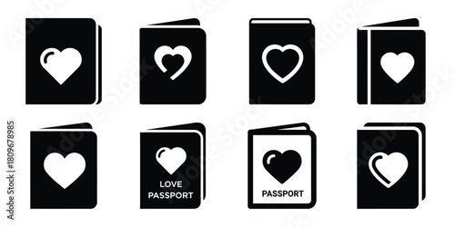 love passport Valentine's Day icon set silhouette style and isolated on white background Vector illustration