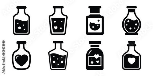 love potion Valentine's Day icon set silhouette style and isolated on white background Vector illustration