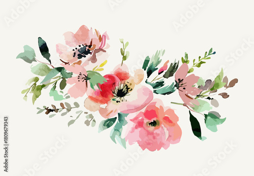 Watercolor floral bouquet featuring soft pink and red blossoms with lush green foliage arranged beautifully on a warm neutral background