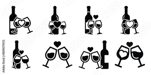 romantic wine Valentine's Day icon set silhouette style and isolated on white background Vector illustration