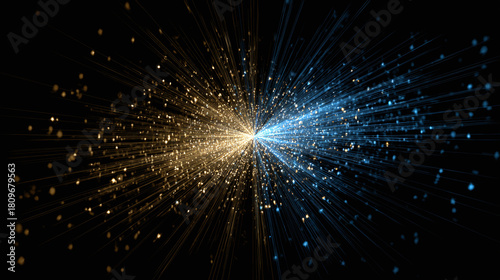 Abstract representation of an energetic particle collision with bright, diverging lines. It portrays a complex scientific event, offering a visual of high-energy physics and atomic interactions.