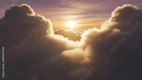 Golden Sunset Over Fluffy Clouds At Dusk 