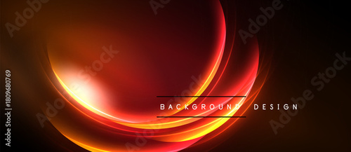 Abstract background features vibrant orange, red curves. Glowing lines create dynamic visual effect, dark backdrop enhances luminosity.