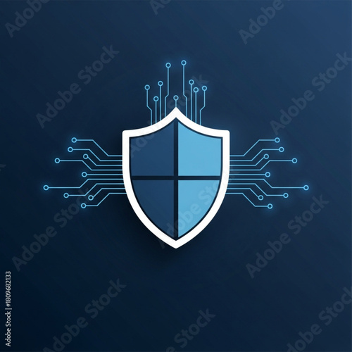 Digital security shield with glowing circuit lines representing data protection and cybersecurity on a dark blue background.