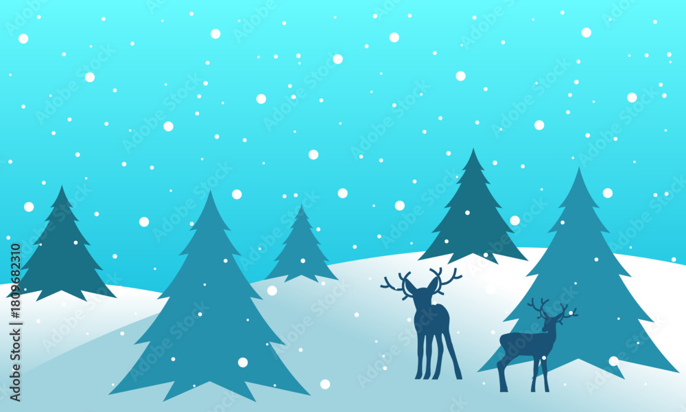 Naklejka premium A charming winter landscape illustration featuring a cute parent and child reindeer duo wearing festive hats in a snowy pine forest