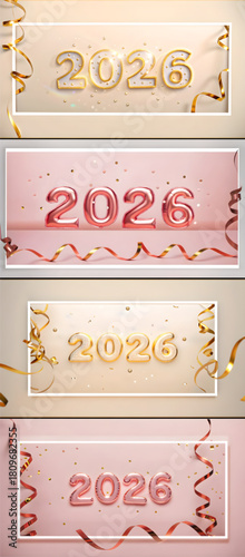 Collage of four images showing the year two thousand twenty six with ribbons and confetti decorations