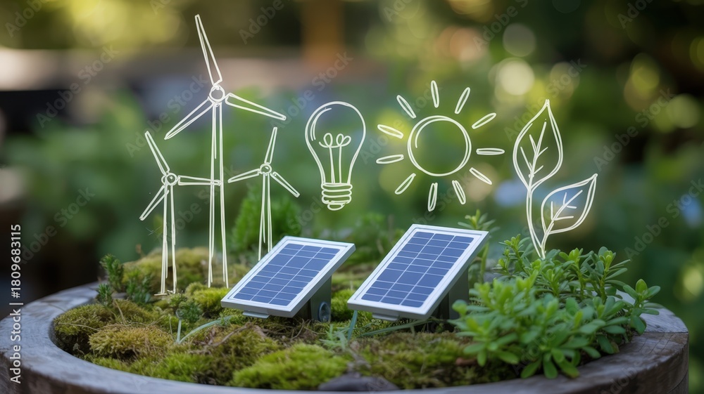 custom made wallpaper toronto digitalMiniature renewable energy sources rest on mossy ground with overlaid illustrations of sustainable concepts