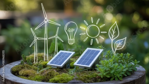 Wallpaper Mural Miniature renewable energy sources rest on mossy ground with overlaid illustrations of sustainable concepts Torontodigital.ca