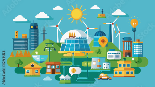 Electricity Generation Source Types – Energy Mix Diagram of Solar, Wind, Hydro, Fossil, Nuclear, Geothermal, Biomass, and Thermal Power Vector Illustration