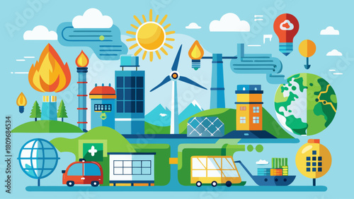 Electricity Generation Source Types – Energy Mix Diagram of Solar, Wind, Hydro, Fossil, Nuclear, Geothermal, Biomass, and Thermal Power Vector Illustration
