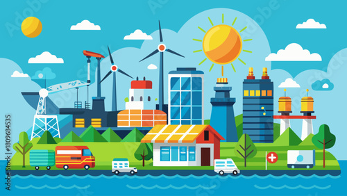 Electricity Generation Source Types – Energy Mix Diagram of Solar, Wind, Hydro, Fossil, Nuclear, Geothermal, Biomass, and Thermal Power Vector Illustration