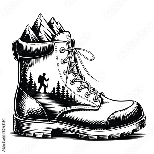 Adventure Awaits Hiking Boot with Mountain and Forest Landscape Inside