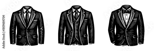 Mens tuxedo vintage style engraving icons, formal suit set