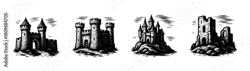 Medieval castles vintage style engraving icons, fantasy fortress set