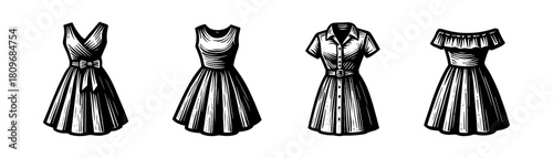 Womens dresses vintage style engraving icons, fashion outfit set
