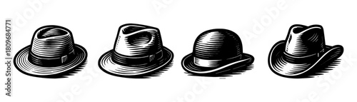 Mens hats vintage style engraving icons, classic headwear set