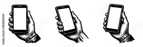 Smartphone in hand vintage style engraving icons, mobile device set