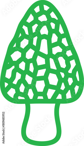 Graphic Illustration of a Green Morel Mushroom with Distinctive Ridges and Pits on a White Background Depicting Edible Fungus and Forest Icon