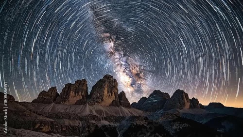 Star trails over jagged mountain peaks at night sky