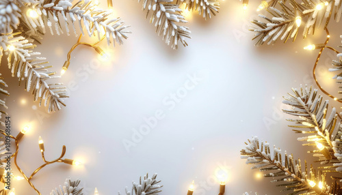 Festive Christmas background with glowing lights and frosted pine branches creating warm, inviting holiday atmosphere
