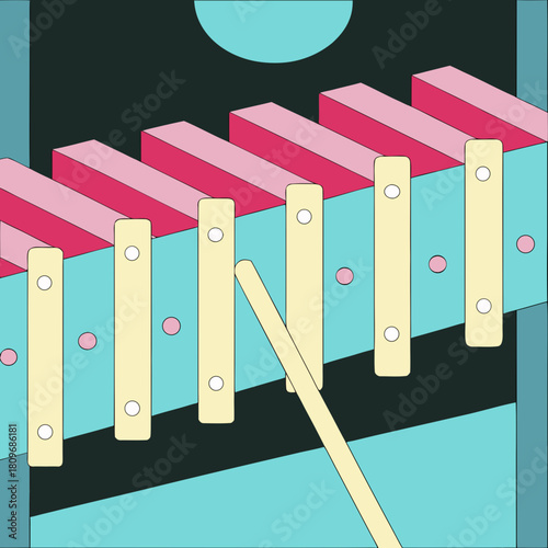 Abstract musical instrument with colorful bars and mallet